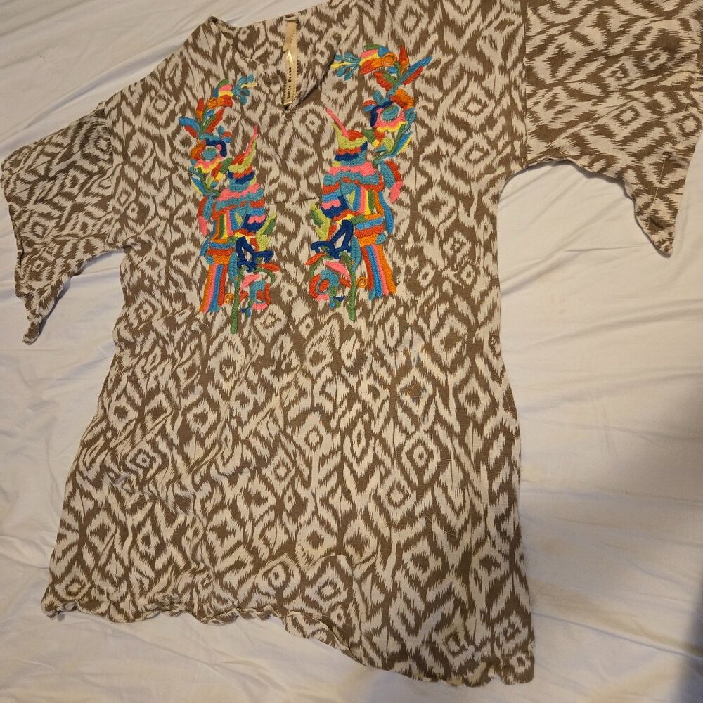 Uncle Frank Brown & Cream Ikat Mini Dress with Bright Multicolor Embroidery